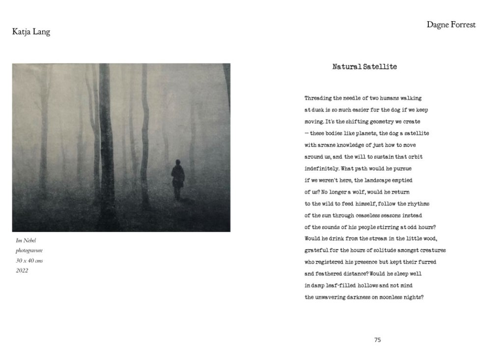 Two-page screenshot with artwork by Katja Lang and poetry by Dagne Forrest