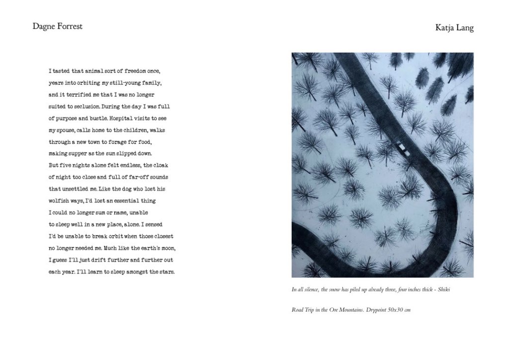 Second two-page spread with artwork by Katja Lang and poetry by Dagne Forrest